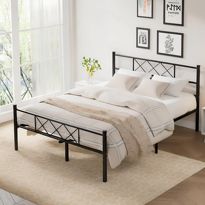 Full Size Bed Frame with Headboard, Heavy Duty Bedframe with Strong Metal Slats, No Box Spring Needed & Easy Assembly, Matte Black
