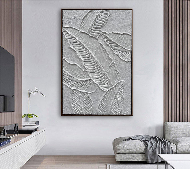White Textured Wall Art, Hand Painted Canvas Abstract Wall Art Framed, 3D Minimalist White Leaf Plant Painting 24"X36"