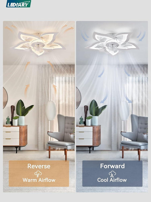 Flower Ceiling Fans with Lights, Small 27 Inch Modern Low Profile Ceiling Fan, Dimmable LED Ceiling Light Fixture, Flush Mount Ceiling Fans with Remote for Bedroom, Kitchen, Indoor-White
