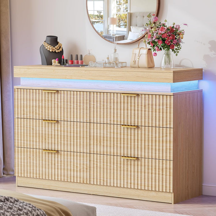 Dresser for Bedroom 6 Drawers with RGB LED Lights and Charging Station, 47.2" Wide Fluted Wooden Chest of Drawers, TV Stand Closet Clothes Storage Organizer for Living Room, Hallway, Oak