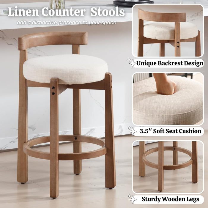 Bar Stools Set of 2, 26" Linen Fabric Upholstered Counter Height Bar Stools, Modern Barstools Counter Stools with Wood Legs for Kitchen Island Dining Room Bar, Beige