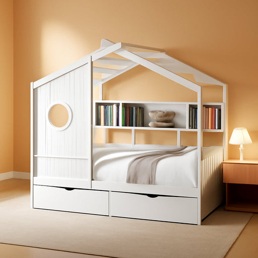 Twin Size House Bed WithIntegratedStorageShelves WhiteFinish