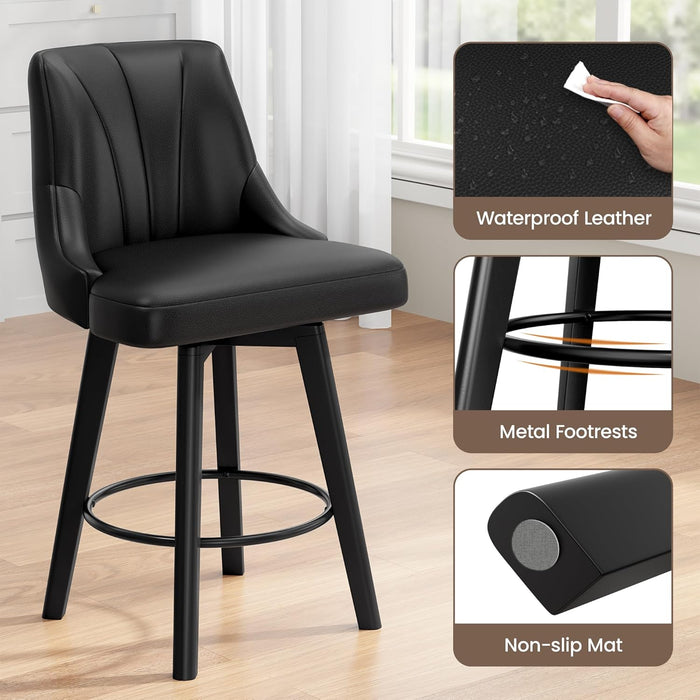 Counter Height Swivel Bar Stool, 24" Upholstered PU Leather Barstools Set of 4, Counter Stool Chair with Back & Solid Wood Legs for Kitchen Island Dining Room (Black)