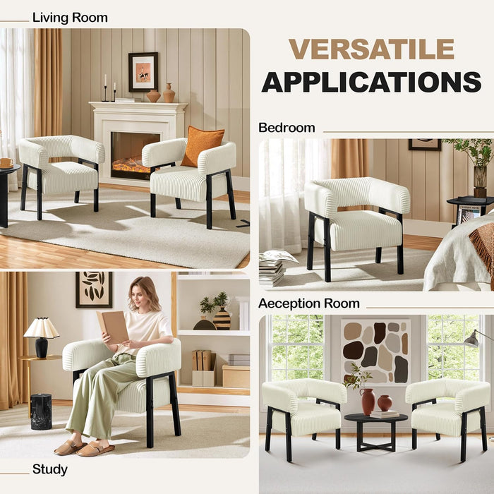 Corduroy Barrel Accent Chair, Modern Upholstered Armchair with Solid Wood Legs, Cozy Leisure Chair with Pocket Coiled Seat for Living Room, Bedroom, Reading Nook Beige