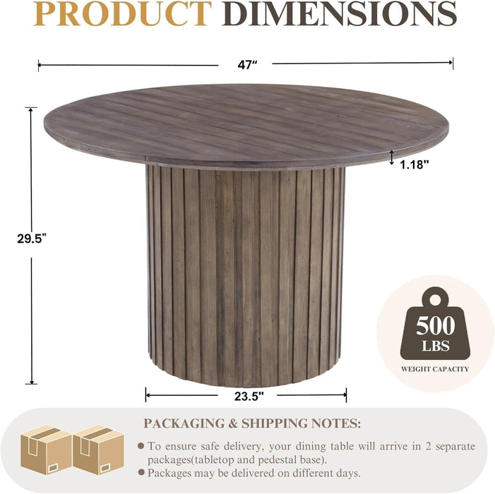 Reclaimed round Pedestal Dining Table, 47" Rustic Wood Kitchen Table for 4-6 People, Farmhouse Circle Dining Table with Fluted Base for Kitchen Dining Room Restaurant, Deep Brown