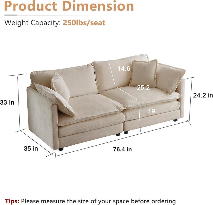 Luxury Loveseat Sofa Couch, 76" Modern Chenille Deep 2-Seater Cloud Couch with 2 Armrest Pillows and 2 Toss Pillows, Love Seat for Living Room Bedroom Office Apartment, Light Coffee