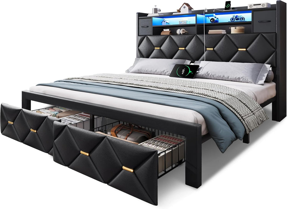 Queen Size Bed Frame with 2 Storage Drawers and Storage Headboard, Upholstered Platform with Charging Station and LED Light, No Box Spring Needed, Noise Free, Easy Assembly, PU Leather Black