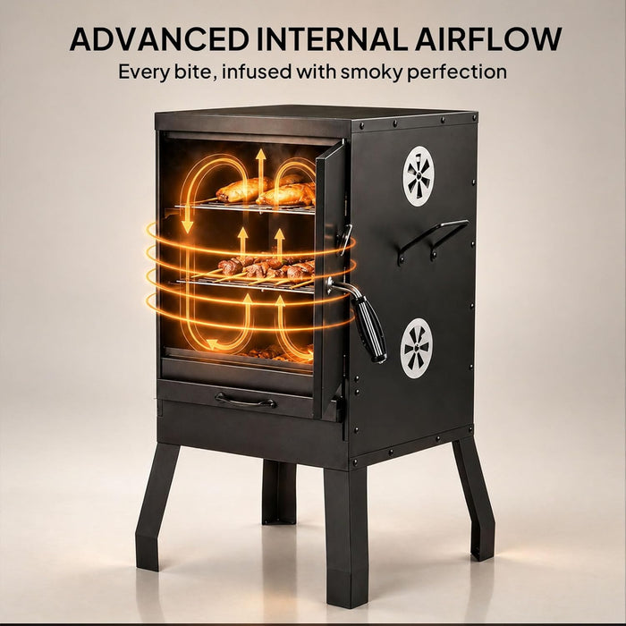 2-In-1 Outdoor Smoker with Door, Vertical Portable Charcoal Grill with Two Detachable Grill Smoking Racks and Charcoal Pan, Perfect for Camping Barbecue, Small Families, Black