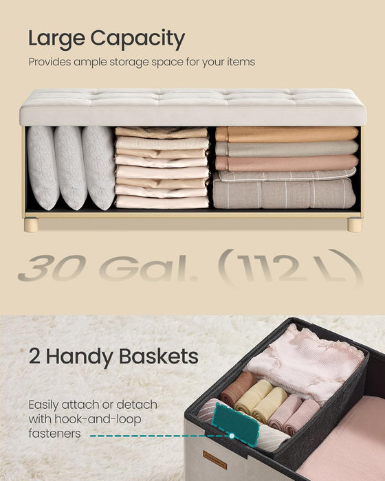Storage Ottoman Bench, Folding Storage Chest, 15 X 43.3 X 15.7 Inches, Foot Rest Stool, 30 Gal. (112 L), Velvet Surface, for Bedroom, Entryway, Living Room, Cappuccino Beige ULSF0518W02