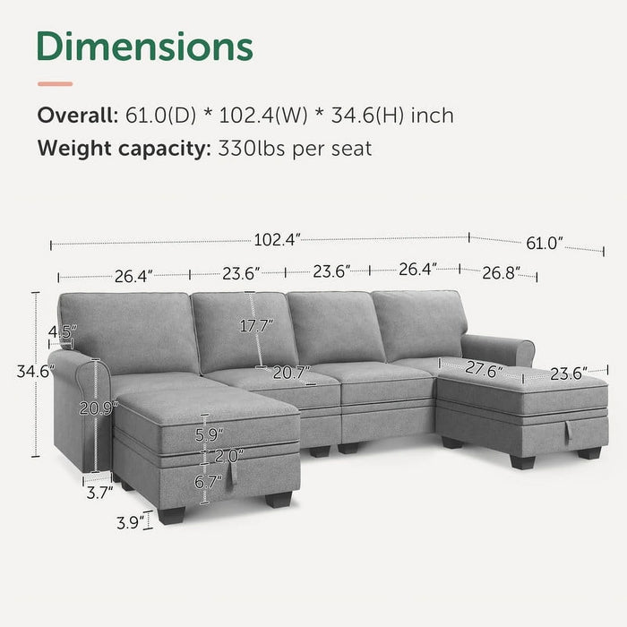 Modern Storage Sectional Sofa Couch U-Shaped with Storage Ottomans for Living Room Furniture Sets, Light Grey