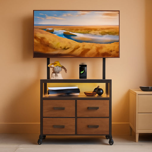 Rolling TV Stand with Mount & 4 Fabric Drawers - TV Stand with Wheels for 32-75" TV, Entertainment Center & Console Table for Living Room or Bedroom, Modern Television Stand with Storage, Rustic Brown