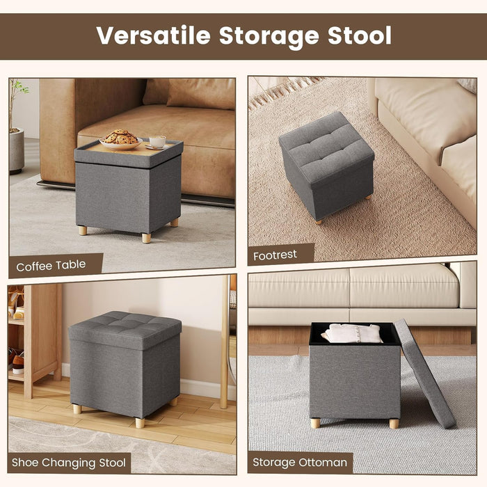 Small Storage Ottoman Cube with Tray Lid, Folding Linen Fabric Foot Stool with Elevated Wooden Legs, Multi-Functional Ottoman Foot Rest for Living Room, Bedroom, Entryway, 18 X 18 X 18 Inches