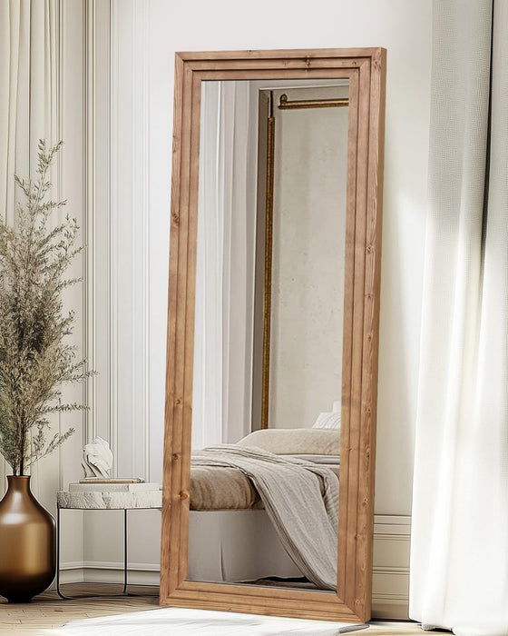 Full Length Mirror 65"X24" Solid Wood Frame Floor Large Mirror for Living Room, Bedroom Hanging or Leaning Wall-Mounted, Light Brown