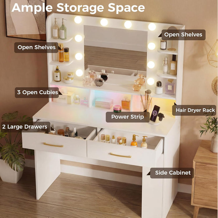 Vanity Desk with LED Lights Mirror & Charging Station, Makeup Vanity with Storage Drawers and Shelves, Modern Dressing Table for Women Girls Bedroom, Ivory White