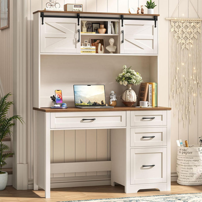 Farmhouse 67" H Executive Desk with Hutch,Computer Desk with Charging Station,Office Table with LED Light and 4 Drawers,File Drawers and Storage Cabinet,Workstation for Home Office.Unique White