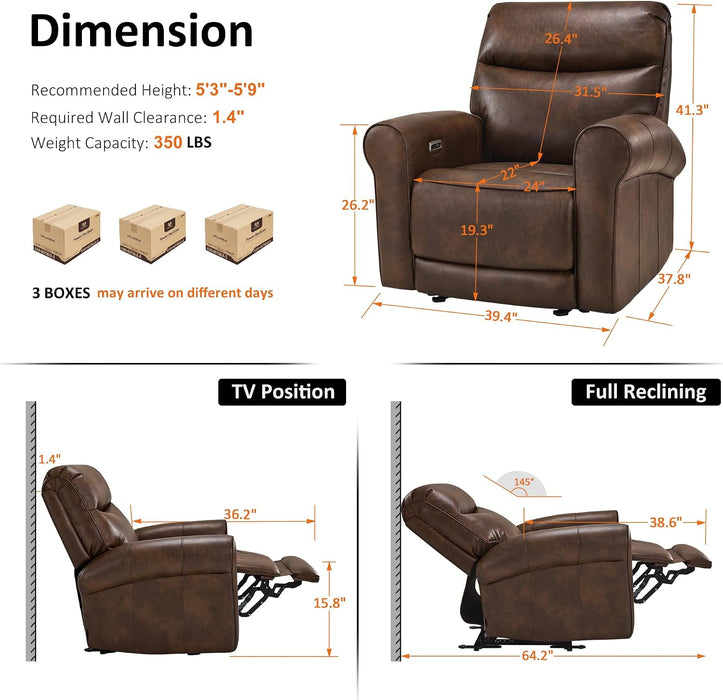 Power Wall Hugger Recliner Chair for Small Space RV Living Room, USB & USB-C Charging Ports, Modern Rolled Arm Recliner, Faux Leather PR630 (Dark Brown, Medium)