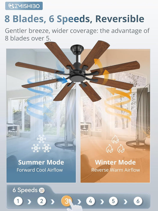 52 Inch Ceiling Fan No Light, 8 Blades Black Ceiling Fans without Lights, Quiet Rerverible DC Motor, 6Speeds, for Bedroom, Living Room, Home Office and Patio