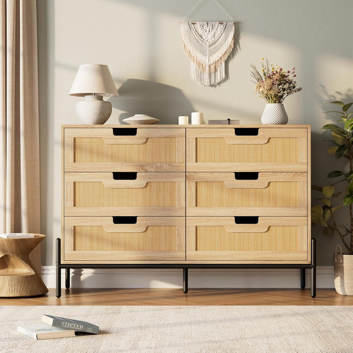 RattanOpenworkBraided Chest Of Six Drawers WalnutFinish