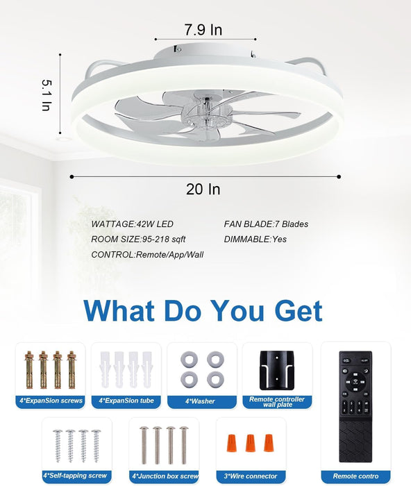 Ceiling Fans with Lights and Remote,20" Fandelier Ceiling Fan Flush Mount,3000-6500K Smart Bladeless LED Fan Light,Modern Low Profile Ceiling Fan with Light for Bedroom,Kids Room and Living Room.White