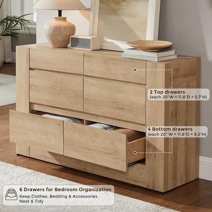 6 Drawer Dresser for Bedroom, 54" Wide Chest of Drawers with Thick Wood Design, Handleless, Modern Bedroom Dresser, Storage Organizer for Living Room/Entryway/Hallway, Natural Oak