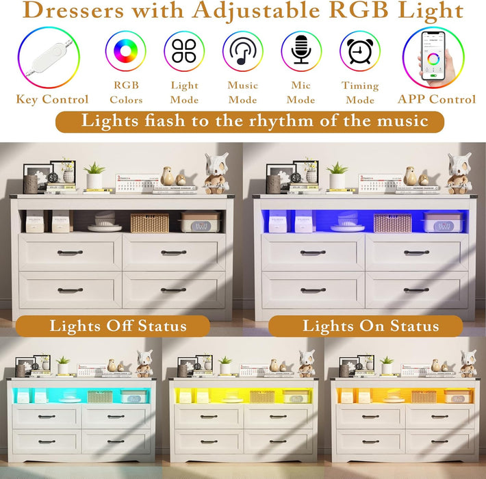 White Dresser for Bedroom, Wood 4 Drawer Dresser with LED Light, Dressers & Chests of Drawers with Metal Handles, Storage and Organization for Bedroom, Hallway, Entryway