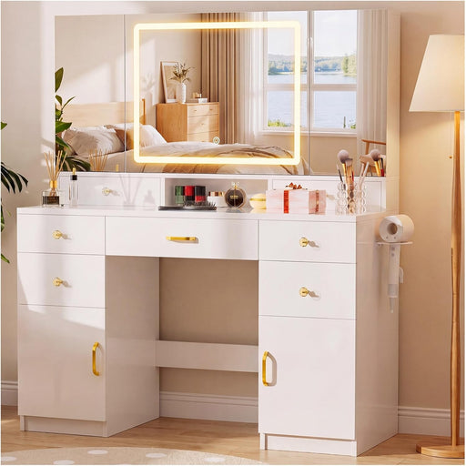 Vanity Desk with 3 Way Mirror and Lights, Large Makeup Vanity Table Set with Charging Station, 3 Lighting Modes & 360° View Mirror, 7 Drawers Dressing Table for Women Girls Bedroom, White