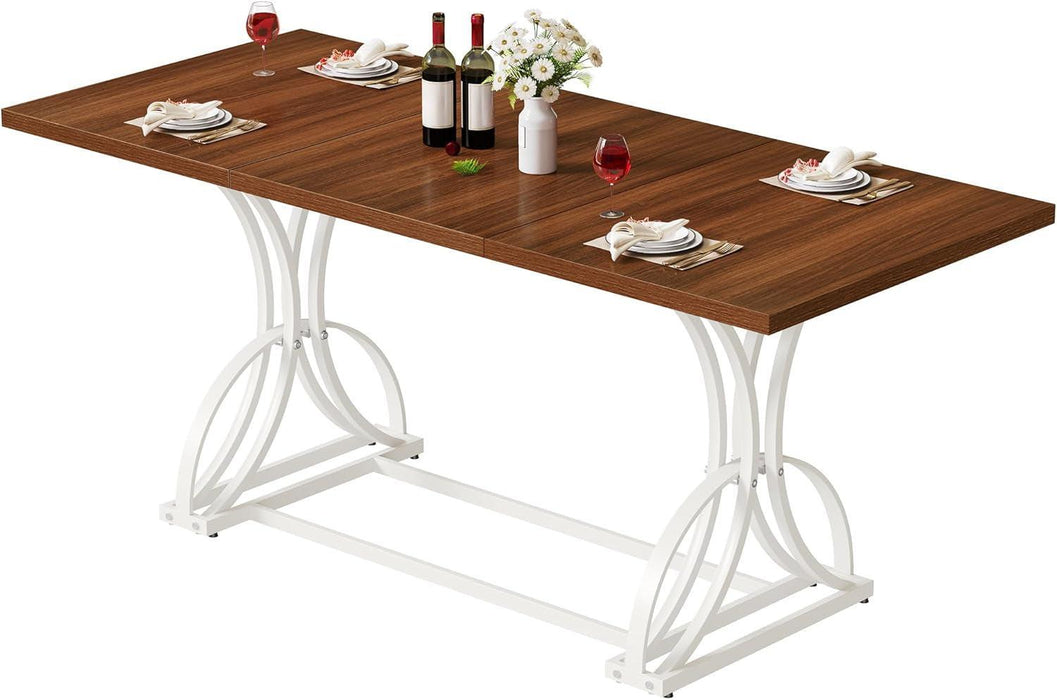 70.3" Large Modern Dining Table for 6-8 People, Rectangular Walnut Kitchen Dining Room Table with Thick Tabletop and White Geometric Metal Legs, Farmhouse Wood Dinner Tables