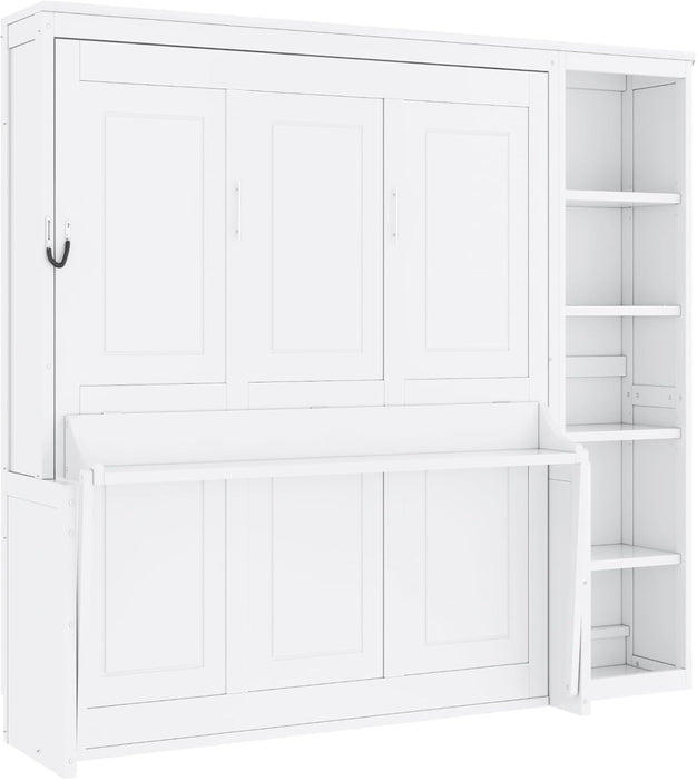Murphy Bed Chest Full Size,Hideaway Wall Bedframe with Desk and Bookshelf,Space Saving Cabinet Bed W/Shelf,Slat Support,Can Be Folded,Bedroom Furniture for Small Space,White