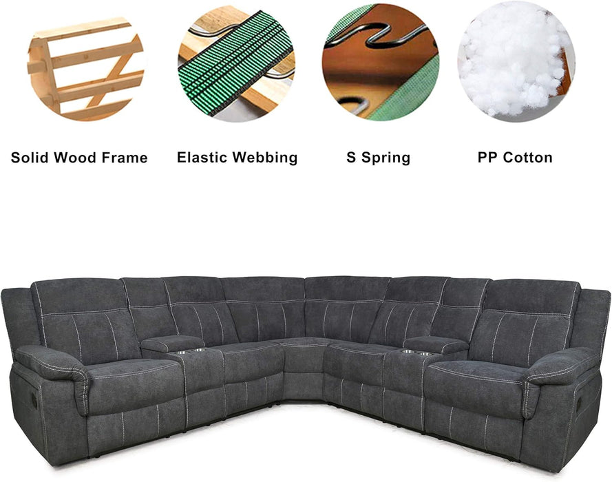 Manual Reclining Sectional Sofa  Premium Fabric, Console