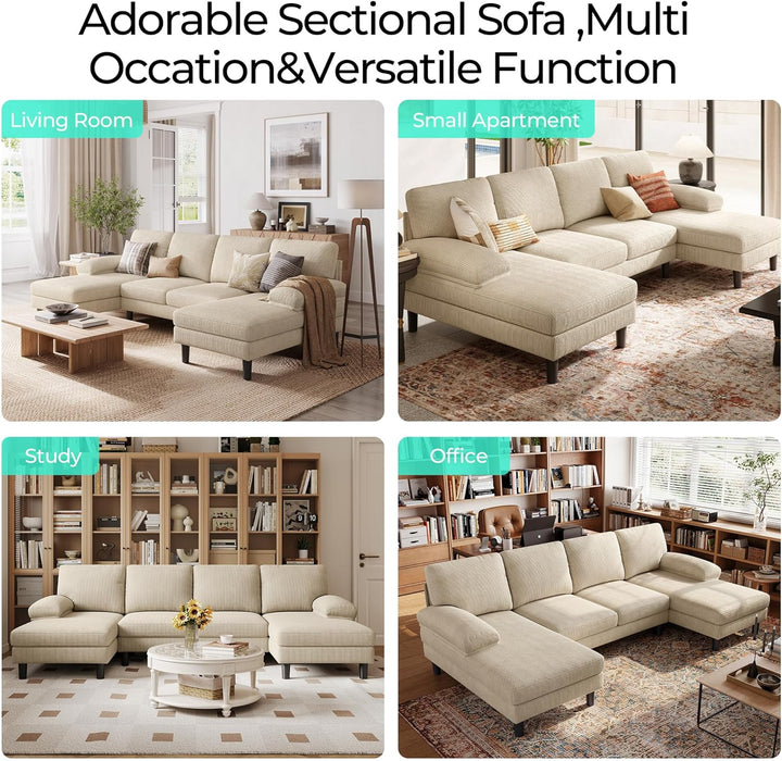 Sectional Couch, 111'' W Corduroy U Shaped Sofa with Sleepable Armrests, 4 Seat Couch with Double Chaises, Deep Sofa for Living Room, Beige