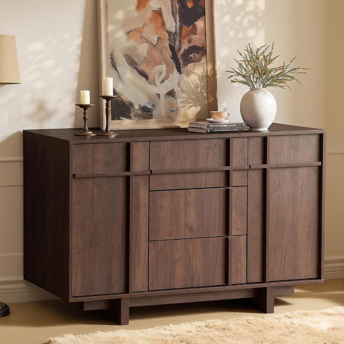 47.2" Buffet Cabinet with Storage, Skeleton Line Design, Walnut | Sideboard with Drawers, Mid Century Modern Accent Cabinet with Wood Gain, Console Cabinets for Living Dining Room Entryway