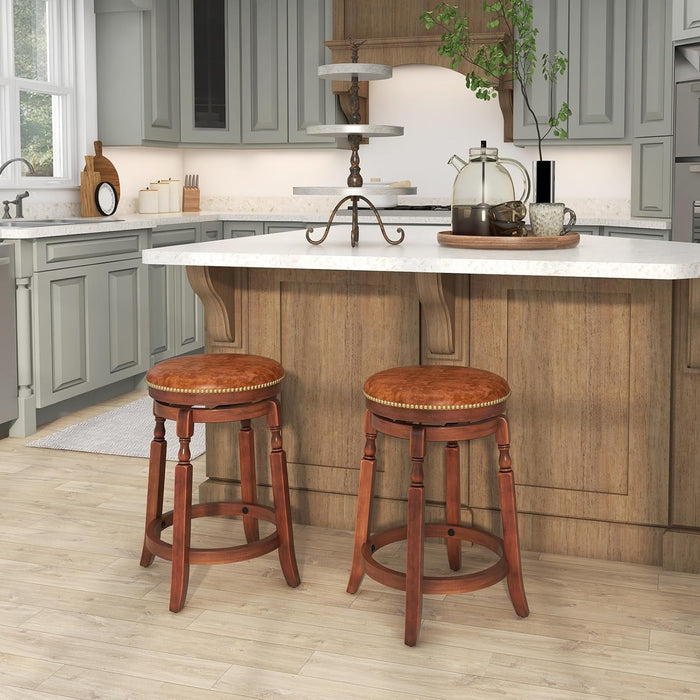 24" Swivel Bar Stools Set of 2, Farmhouse Counter Height Stools with Upholstered Seat & Rubber Wood Frame, round Backless Kitchen Stools, Barstools for Kitchen Island/Breakfast Nook, Walnut