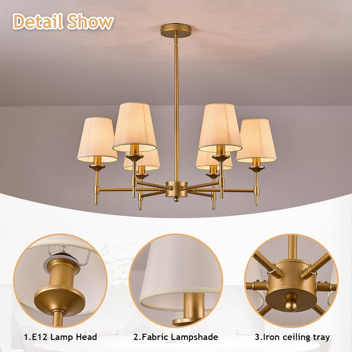 Gold Chandelier with Shades 6 Light Ceiling Light Fixture with Linen Fabric Farmhouse Pendant Lights for Bedroom Kitchen Dining Room Living Room Foyer