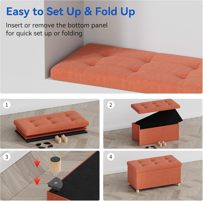 30 Inches Folding Storage Ottoman Bench, Ottoman with Storage Bench for Bedroom, Living Room, Entryway, Foot Rest with Legs, Orange