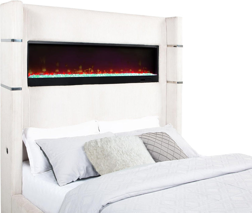 Home Furnishings - Tisdall - Wood and Fabric - Queen Bed with High Headboard and Integrated Flame Box with Color Options - Bedroom - Cream - 306032Q