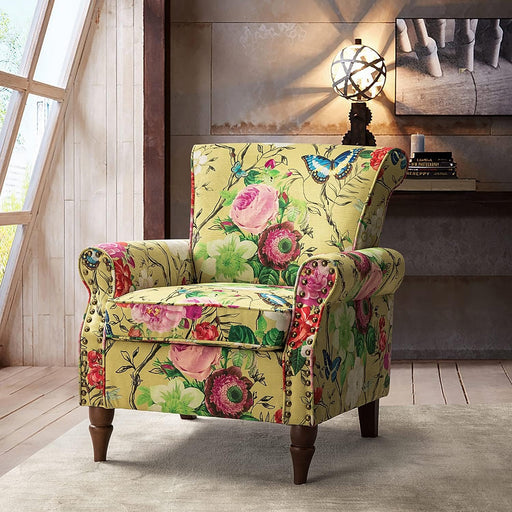 Modern Wingback Accent Chair with Wood Legs & Removable Cushion, Comfy Upholstered Armchair with Nailhead Trim, Floral Pattern Single Sofa Chair for Living Room Bedroom, Mustard