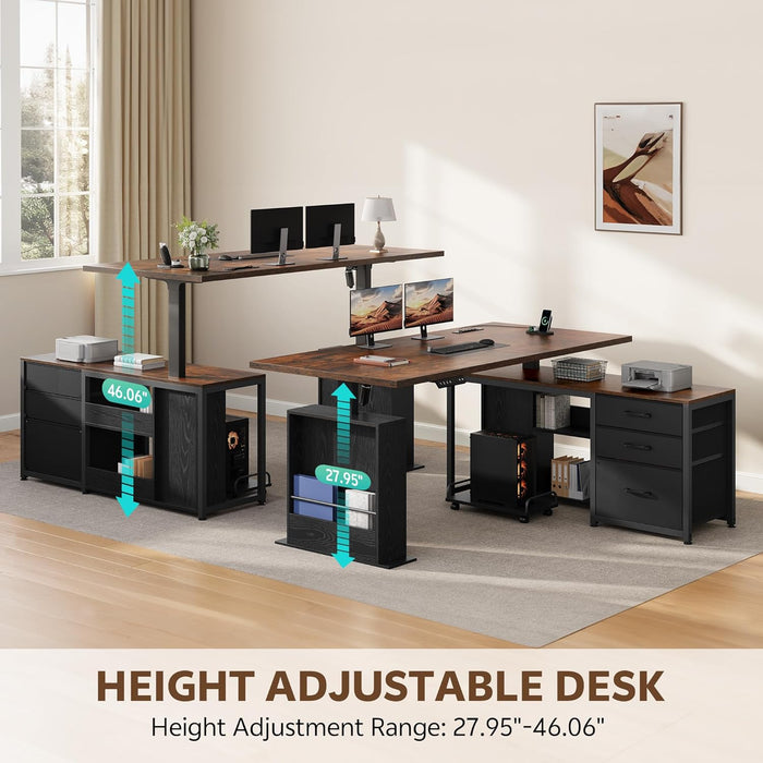 63 Inch L Shaped Desk with 3 Drawers Electric Standing Desks with Storage Computer Table Adjustable Height with Power Outlets 4 Memory Presets for Home Office, Rustic Brown