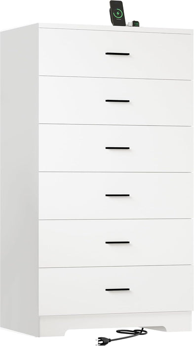 48" Tall Dresser for Bedroom Chest of Drawers with Power Outlets Wood 6 Drawers Dresser with Large Storage Space and Metal Handles Modern Closet Storage Drawer for Living Room Hallway White