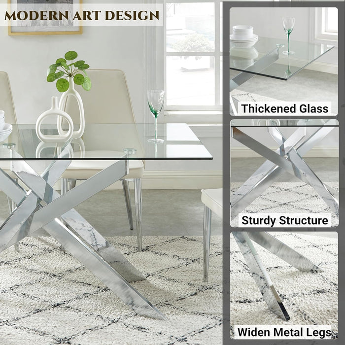 58.5” Rectangle Glass Dining Table, Tempered Glass Tabletop and Metal Tubular Legs, Modern Style Table for Home, Kitchen, Dining Room 58.5”Lx29”Wx30”H, Silver