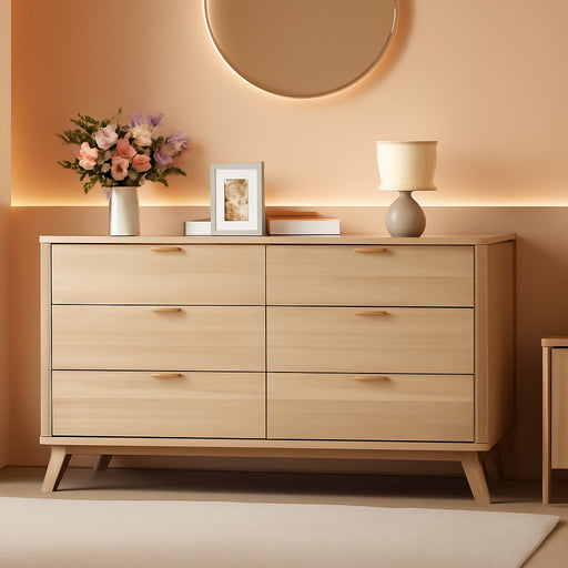 55" Wide Fluted 6 Drawers Dresser for Bedroom, Mid Century Modern Dresser & Chests of Drawers, Curved Profile Design, Dressers TV Stand, Wood Storage for Hallway, Entryway, Oak