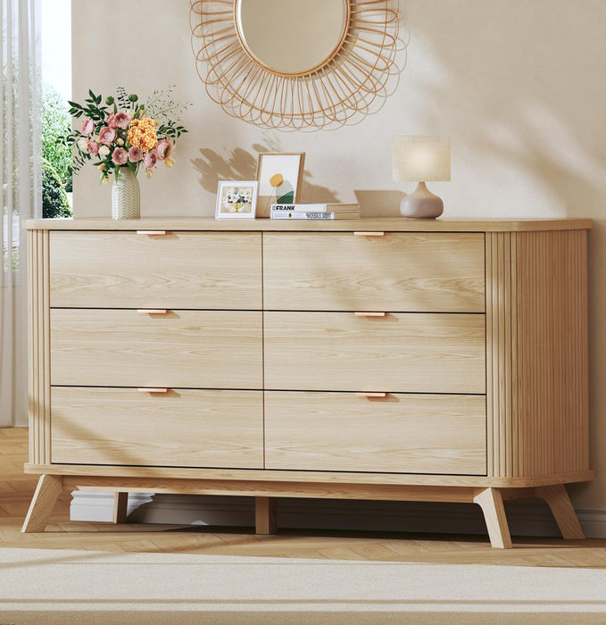 55" Wide Fluted 6 Drawers Dresser for Bedroom, Mid Century Modern Dresser & Chests of Drawers, Curved Profile Design, Dressers TV Stand, Wood Storage for Hallway, Entryway, Oak