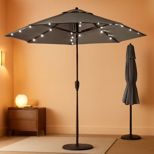 10Ft 3-Tier Patio Umbrella with Solar Lights, Table Umbrella Outdoor Patio with Easy Crank & Tilt, 8 Sturdy Ribs, UV Protection, 32 LED Lights for Deck, Poolside, Market (Grey)