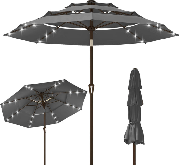 10Ft 3-Tier Patio Umbrella with Solar Lights, Table Umbrella Outdoor Patio with Easy Crank & Tilt, 8 Sturdy Ribs, UV Protection, 32 LED Lights for Deck, Poolside, Market (Grey)