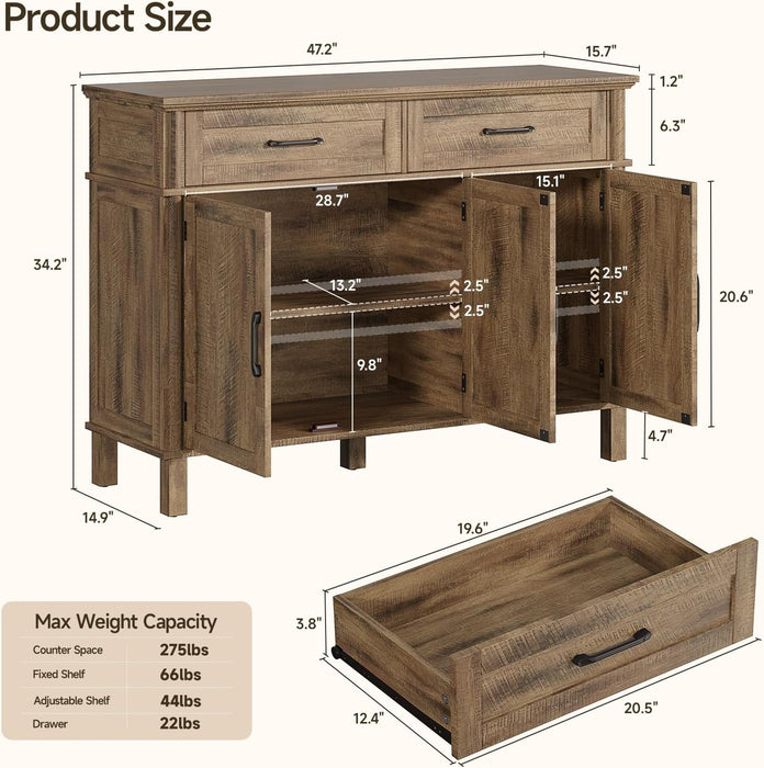 48 Inch Sideboard Buffet Cabinet with Storage, Washed Grey