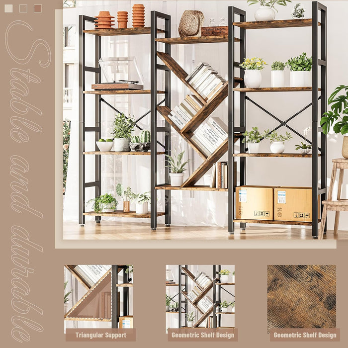 Triple 4 Tier Book Shelf, Large Wooden Bookcase with 14 Open Display Shelf, Modern Bookshelf Metal Frame Furniture for Living Room Bedroom Home Office Brown