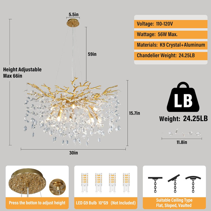 Modern Crystal Chandelier, 30" Gold Tree Branch Chandelier, 10-Light round Chandeliers for Dining Room, Living Room, Kitchen, Foyer, Entryway, Bedroom, Luxury K9 Crystal Raindrop Light Fixture