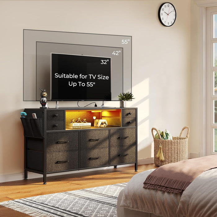 Black Dresser with Charging Station and LED Lights