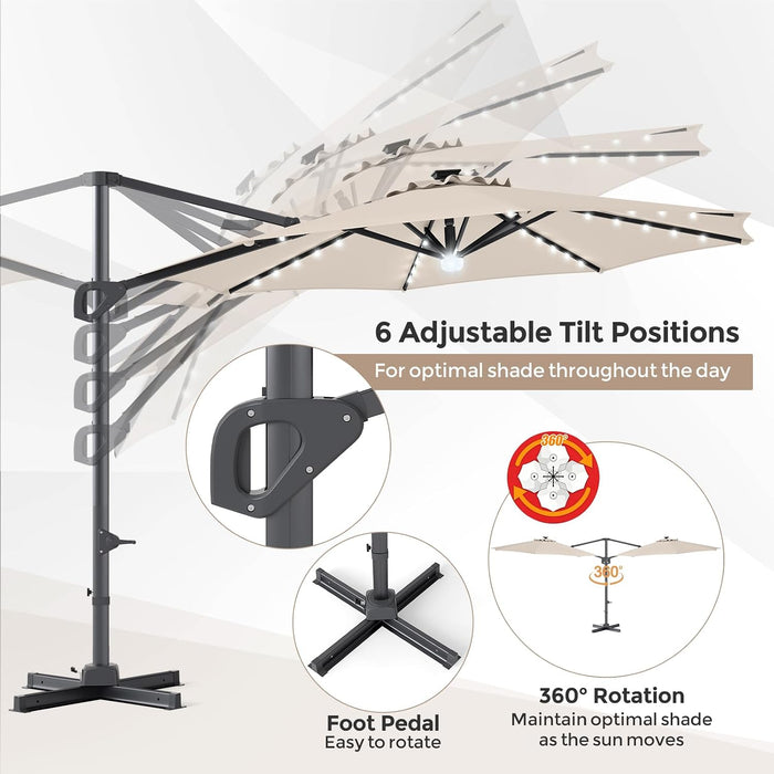 10 FT Solar Patio Umbrella with Base Included, Cantilever Offset Outdoor Umbrella with 35 LED Lights & Center Light, 360° Rotation, Aluminum Pole, 8 Heavy-Duty Ribs for Yard Pool Deck