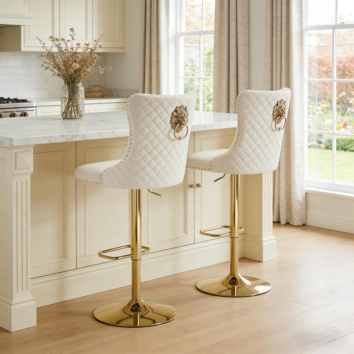 Swivel Gold Bar Stools Set of 2, Velvet Adjustable Barstools with Tufted Back, Nailheads Trim and Pull Ring, Counter Height Upholstered Bar Chairs for Kitchen Island Restaurant Home (Cream-Gold)