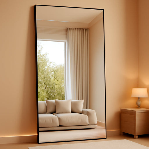 82"X44" Oversized Floor Mirror Full Length, Extra Large Standing Mirror for Gym Bedroom Living Room Clothing Store, Tempered Glass Black Full Length Body Mirror, Hanging or Wall Mounted
